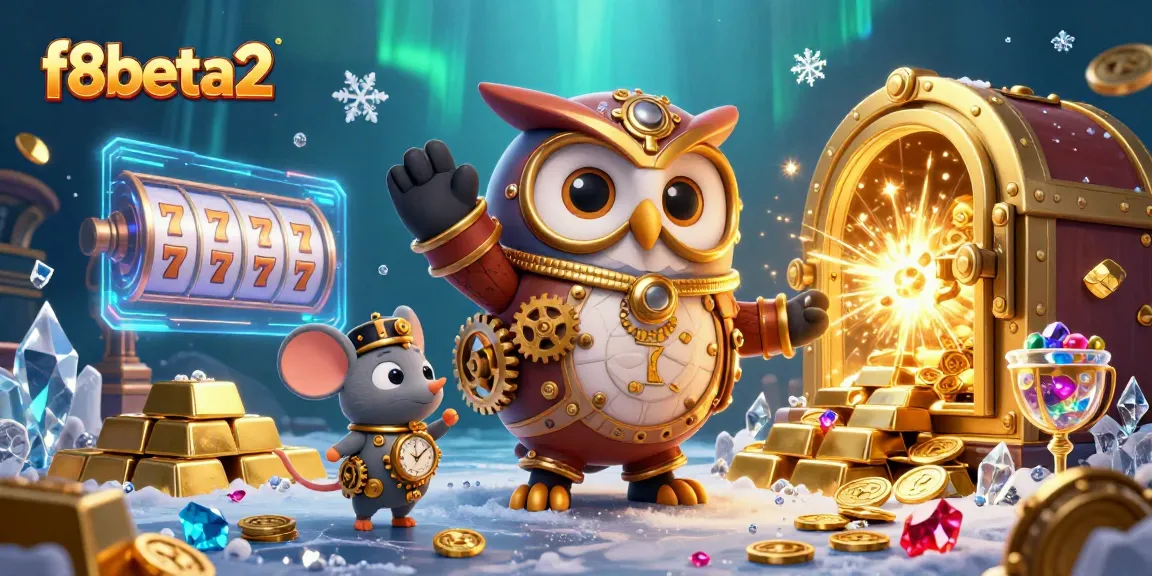 Experience the thrill of f8beta2 casino action as golden treasures and thrills surround a whimsical owl character.