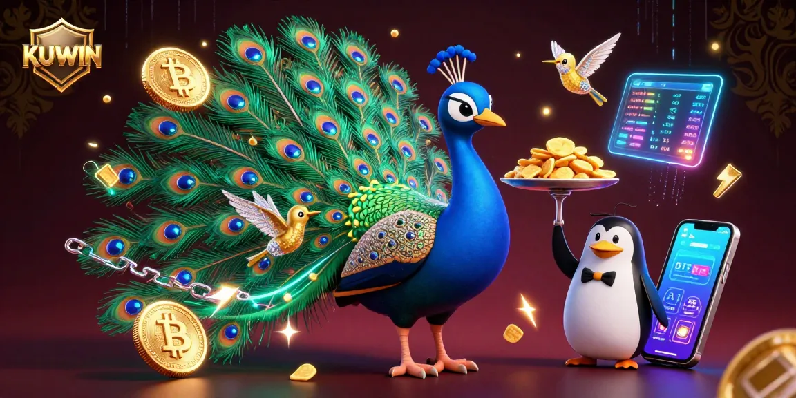Engage with KUWIN at a vibrant casino scene featuring a peacock, a penguin, and digital currency.