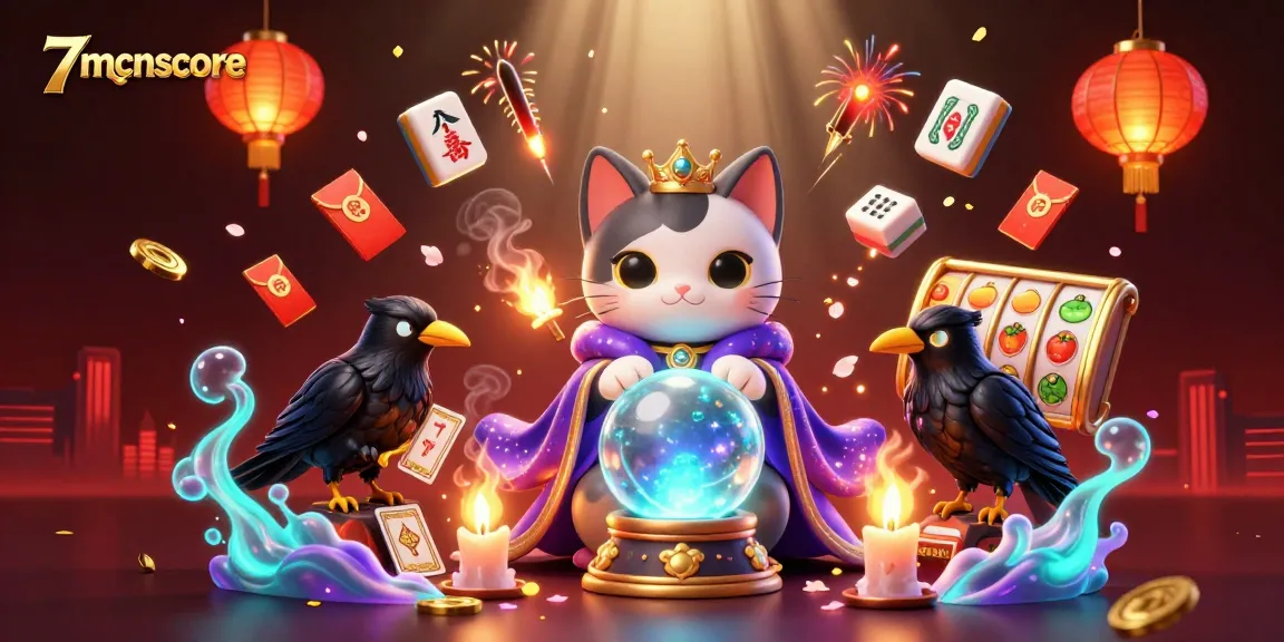 Engage with 7mcnscore in this vibrant 3D casino scene featuring fortune teller elements.