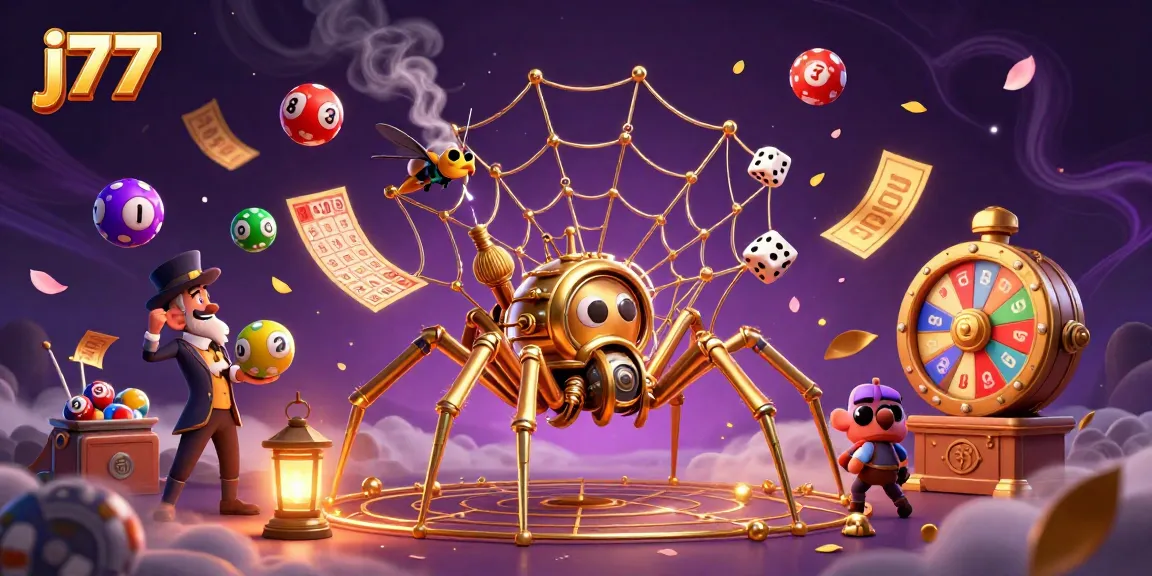 Engage with j77's exciting games and promotions in a vibrant casino-themed illustration.