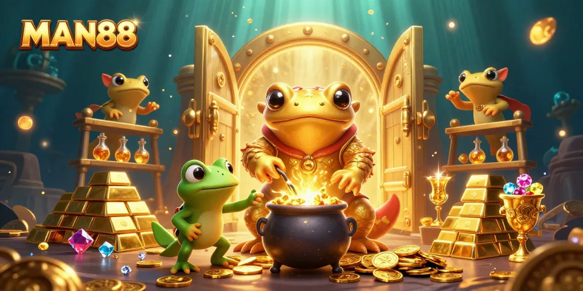 MAN88 captures a captivating scene of a golden salamander alchemist turning metals into riches in a magical lab.