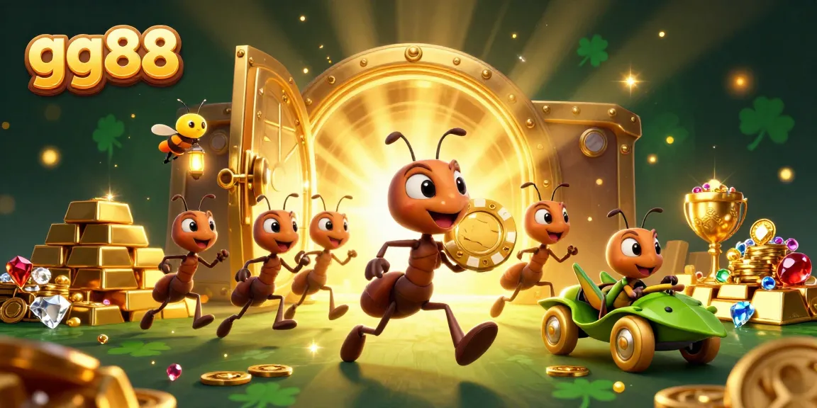 Experience gg88's exciting casino adventure with ants heisting a giant poker chip in a treasure scene.