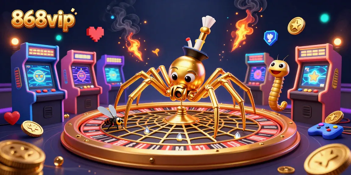 868vip casino features a charming fly betting on a roulette wheel spun by a golden spider.