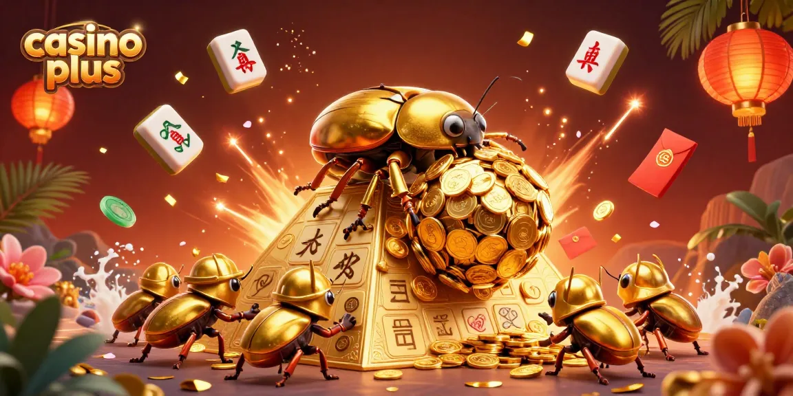 Join the excitement at casino plus with unique games illustrated by golden beetles and festive symbols.