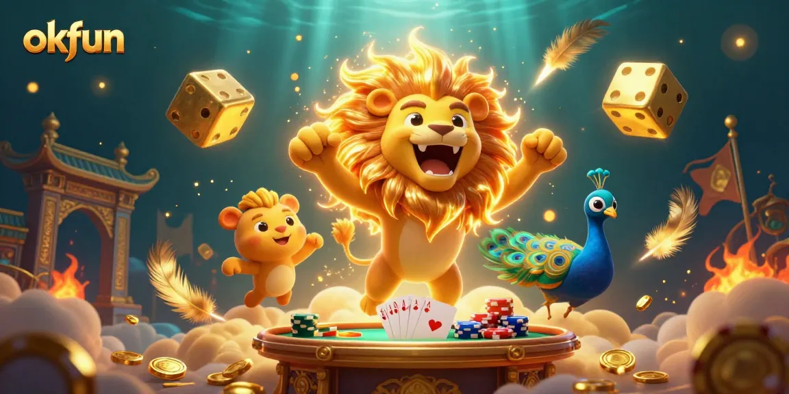 Experience the thrill of poker with okfun's 3D lion and golden dice illustration.