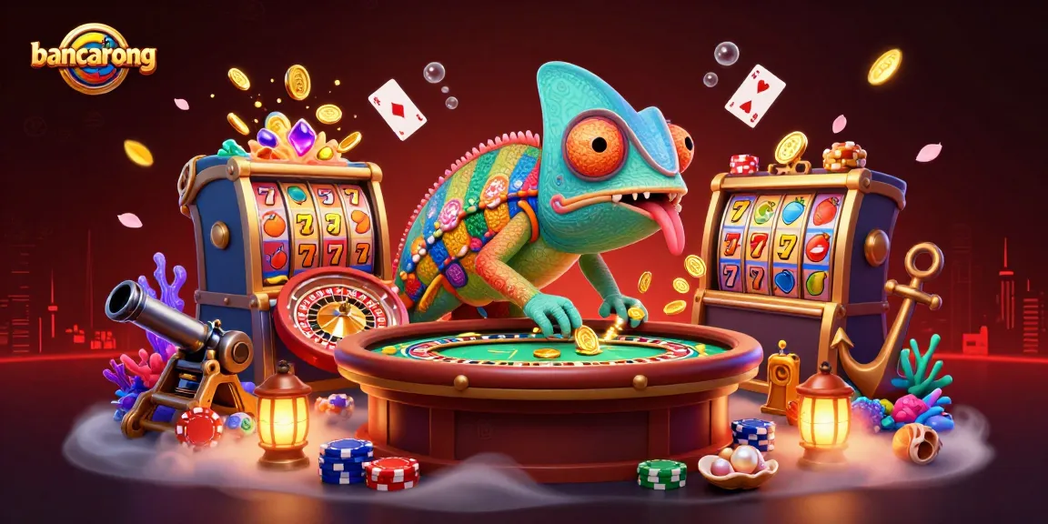 Experience bancarong's thrilling gaming action with a vibrant 3D casino scene of a chameleon owner!