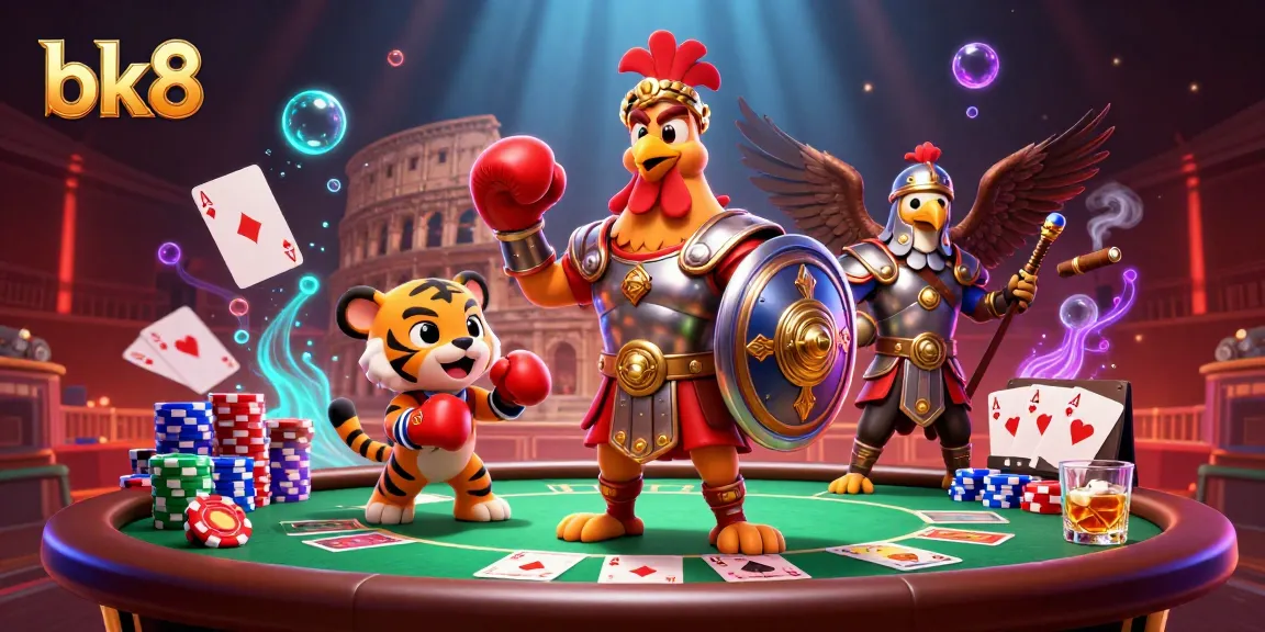 Experience exciting games at bk8 with a dynamic illustration featuring fun characters and casino elements.