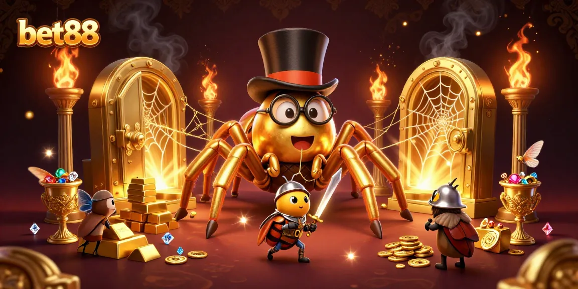 Experience bet88 excitement with a golden tarantula weaving webs amidst casino riches in this captivating scene.