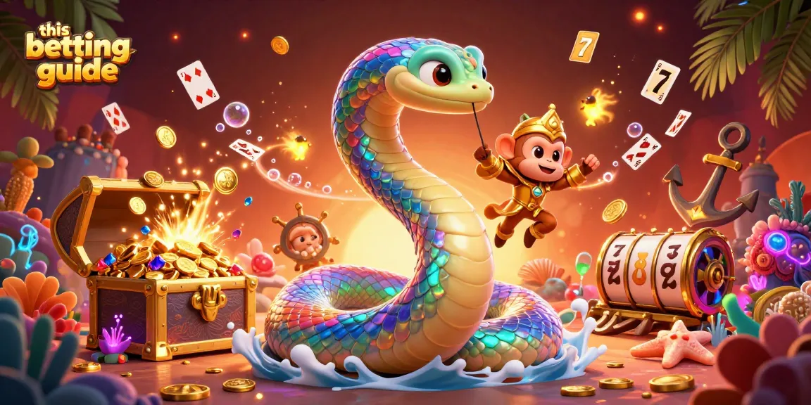 This betting guide showcases a vibrant fantasy scene with a cartoon rainbow serpent and monkey king amidst colorful casino elements.