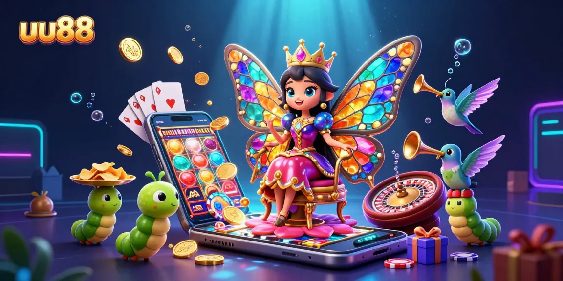 uu88 players enjoy vibrant slot game excitement amidst colorful casino fantasy scene