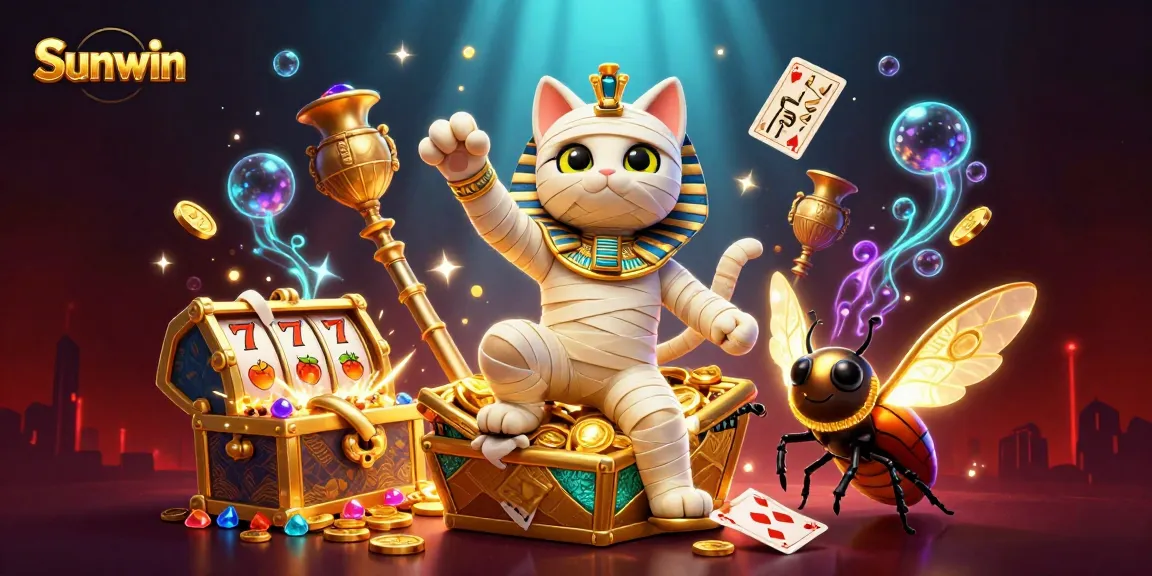 Sunwin highlights thrilling gameplay with a 3D Egyptian mummy cat and gold-filled treasures.