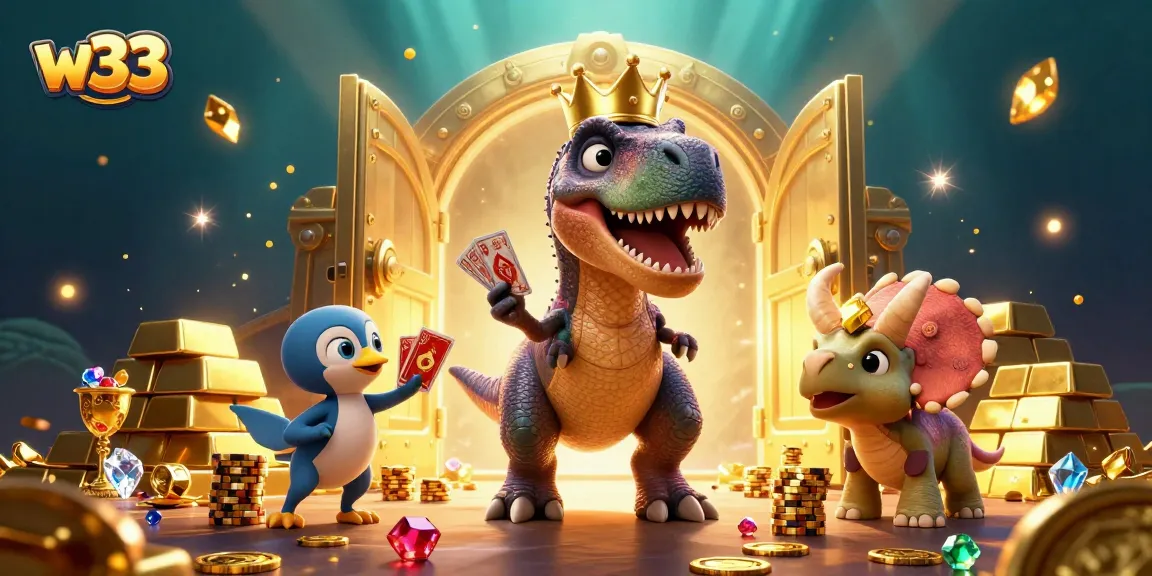 w33 casino characters dealing cards amidst gold coins and treasure in a vibrant 3D illustration