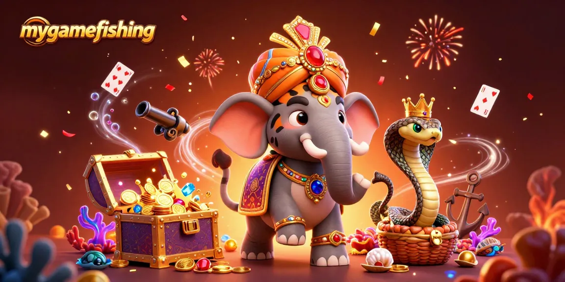 Join the fun at mygamefishing with a vibrant 3D scene of casino elements and colorful characters.