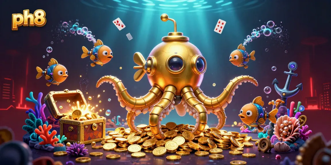 Experience ph8’s thrilling adventures with a golden kraken submarine amidst treasures and cards.