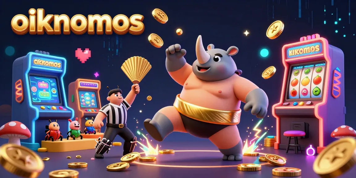 Experience gaming excitement with oikonomos, as golden coins fly and beetle characters compete in vibrant 3D casino illustration.