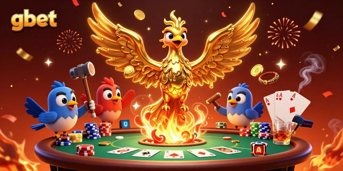 gbet players winning coins in a lavish casino scene with a molten gold phoenix and poker action