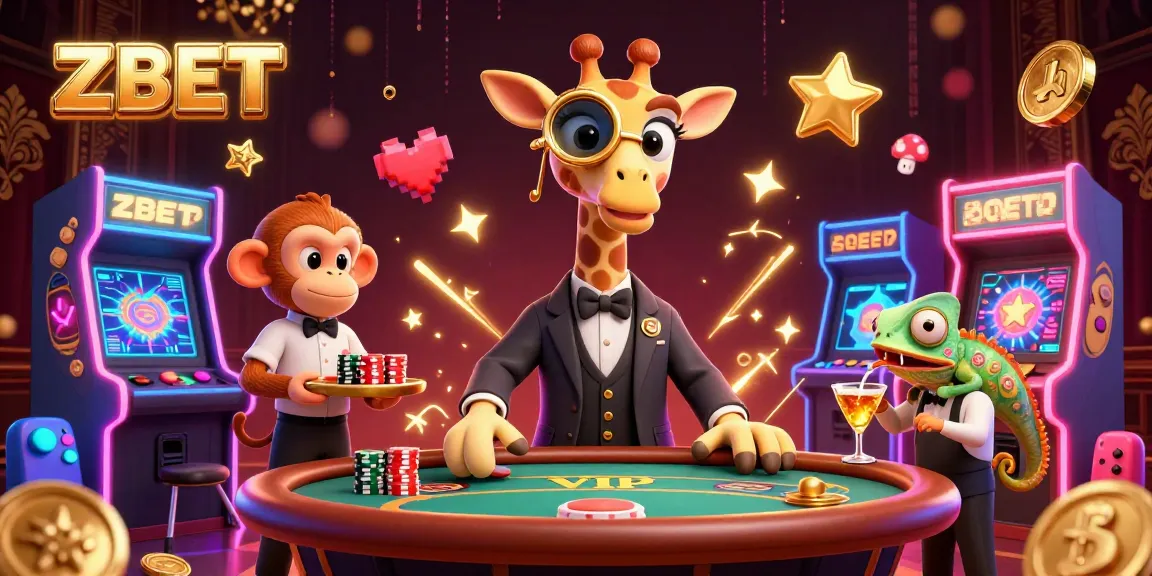 Experience exhilarating gaming at ZBET with a stylish giraffe and lively characters in a vibrant casino scene.
