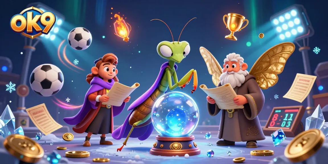 Bet on your luck with ok9 while witnessing a mystical fortune teller and sports elements unite in a vibrant scene.