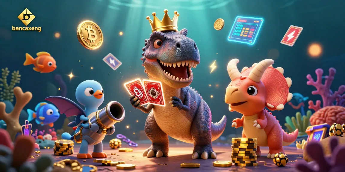 Engage with bancaxeng as a T-Rex shuffles cards while fish swim in a lively gaming scene.