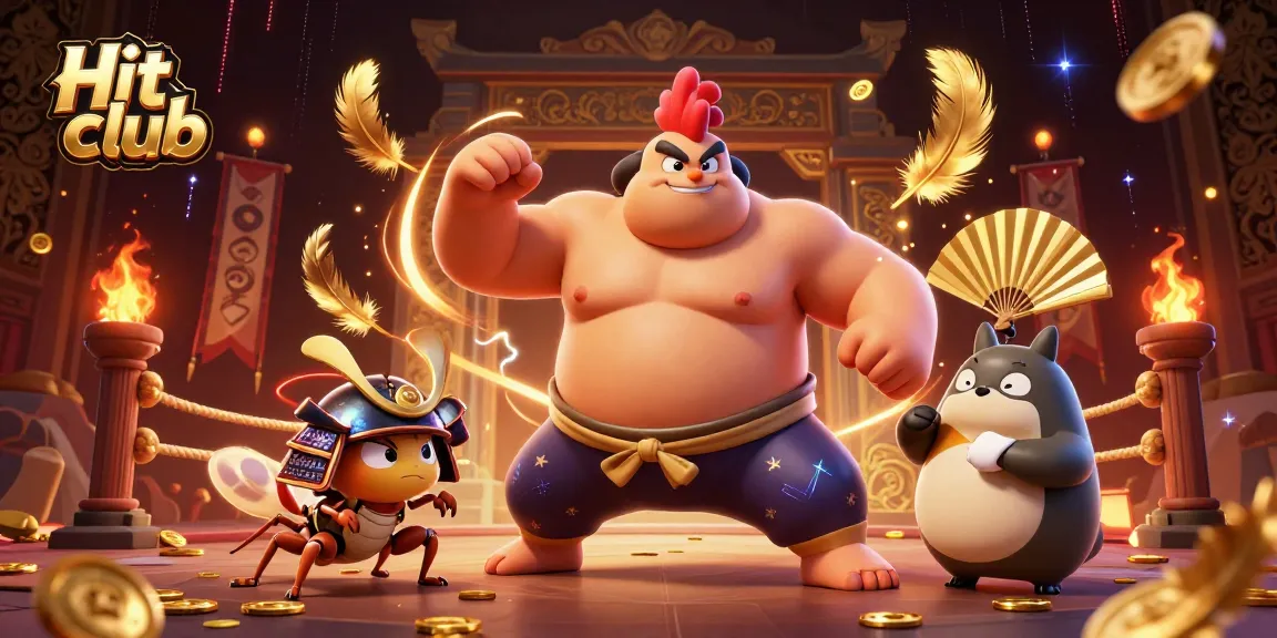 Hit club showcases an energetic scene of a sumo wrestler and samurai cricket in a vibrant gaming arena.