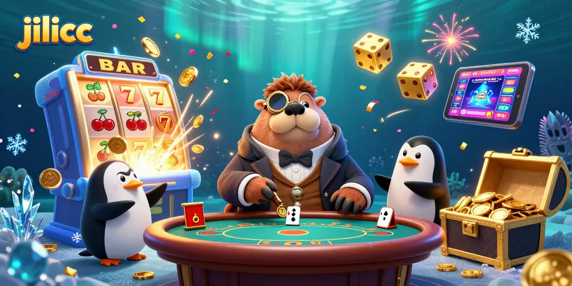 Experience thrilling gaming at jilicc with a jolly walrus in a poker showdown amidst a vibrant casino scene.