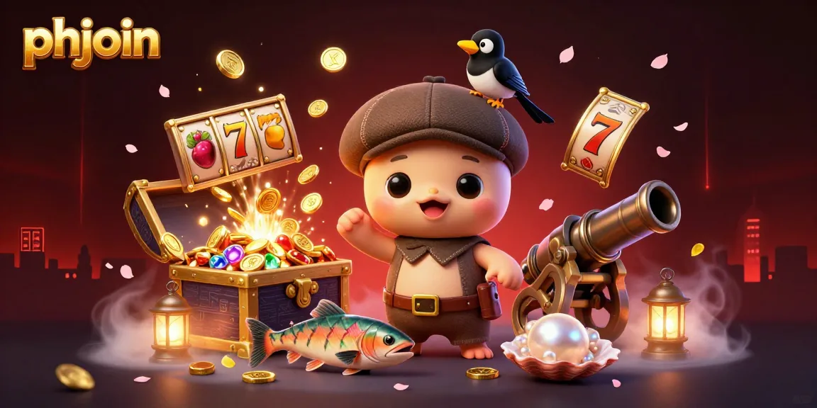 Join the phjoin casino experience, showcasing a playful Nessie with gaming treasures and vibrant slot reels.