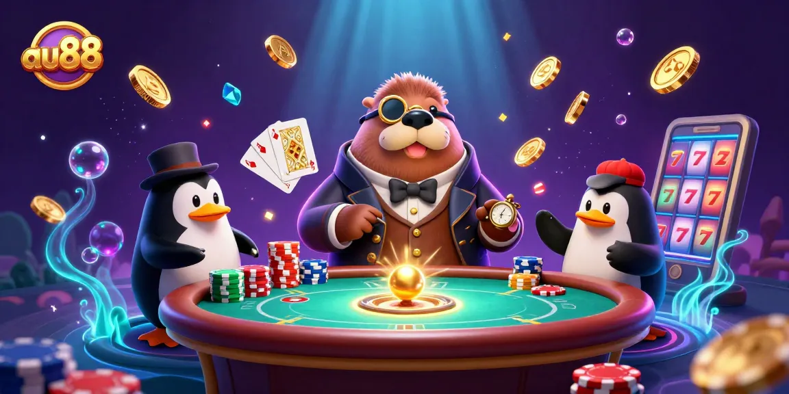 Experience the thrill of poker at au88 with a jolly walrus, sophisticated penguin dealer, and pufferfish player.