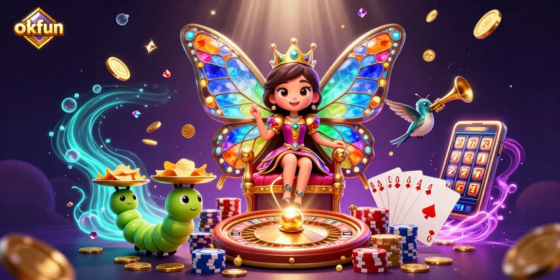 Engage with okfun's vibrant 3D cartoon scene filled with casino excitement and magical elements.