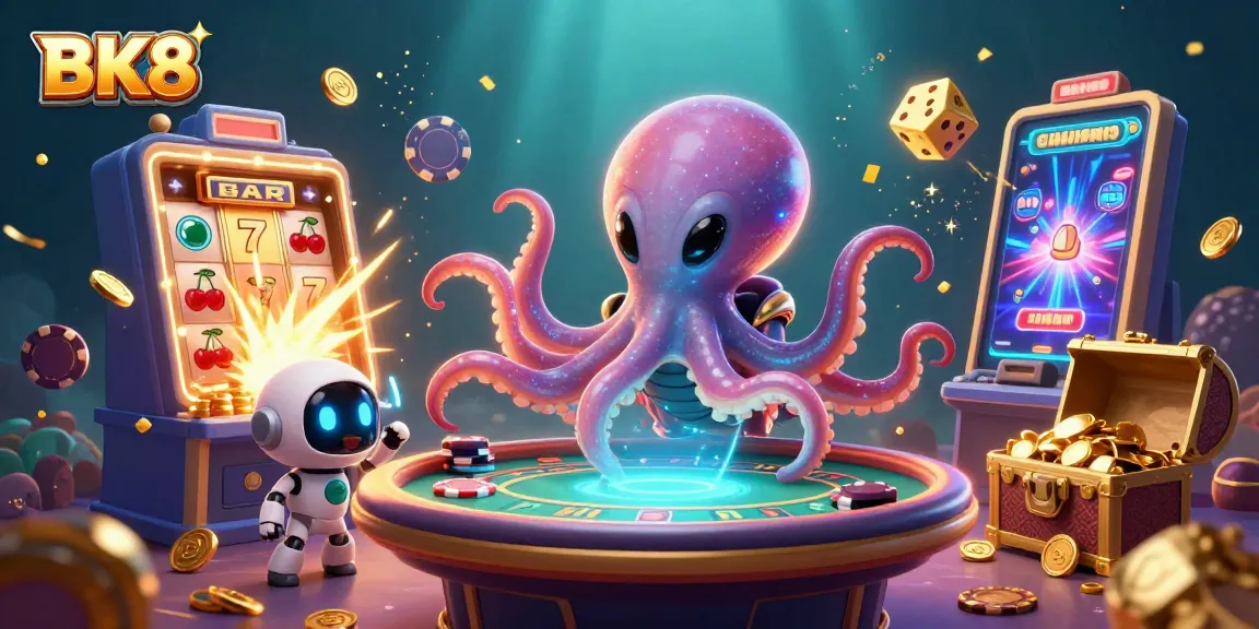 Experience a vibrant poker session with BK8 as the alien octopus joyfully operates a holographic table.