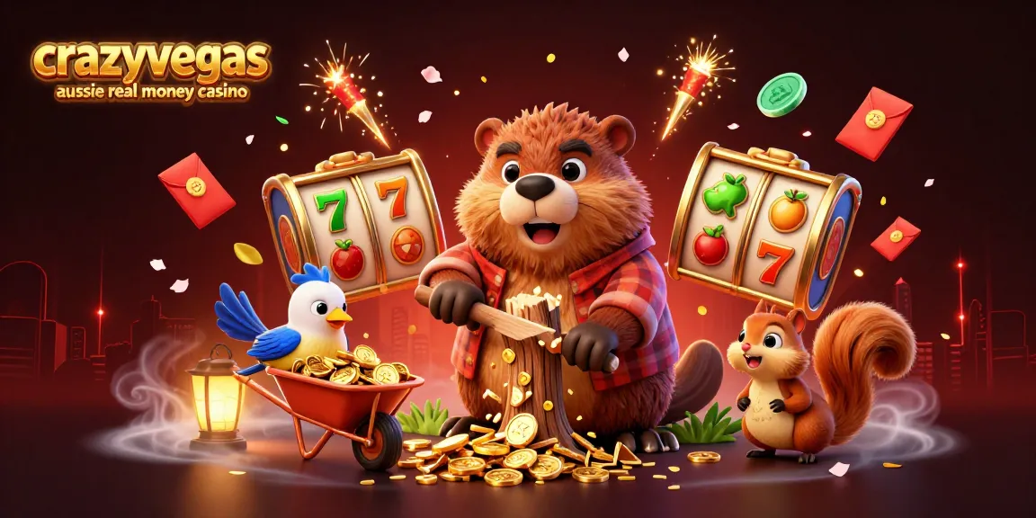 Experience fun at crazyvegas aussie real money casino featuring a playful beaver, gold coins, and slot reels
