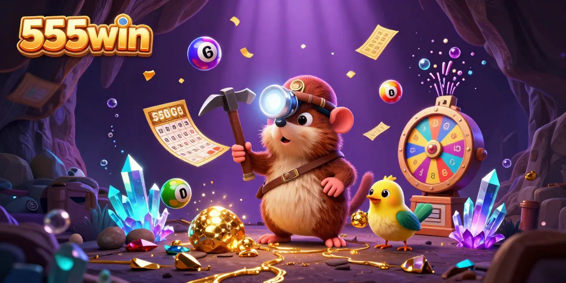 Play exciting games at 555win with treasure hunter mole and dynamic lottery balls in 3D illustration.