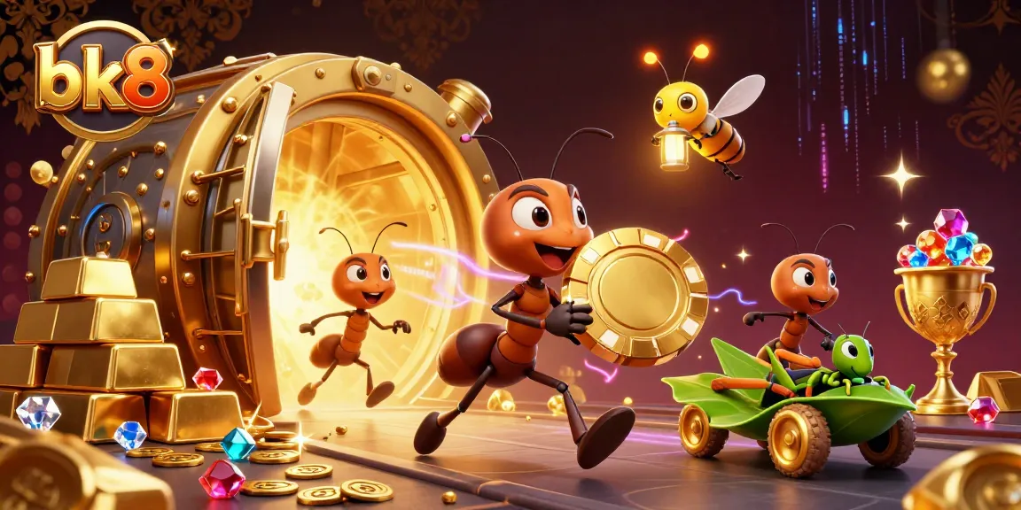 Experience an exciting bk8 heist scene with cartoon ants carrying a giant poker chip through a treasure tunnel filled with jackpots.