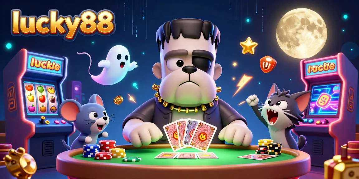 Experience the thrill of lucky88 as a 3D cartoon bulldog deals cards at a spooky casino table, filled with game elements and a werewolf kitten howling.