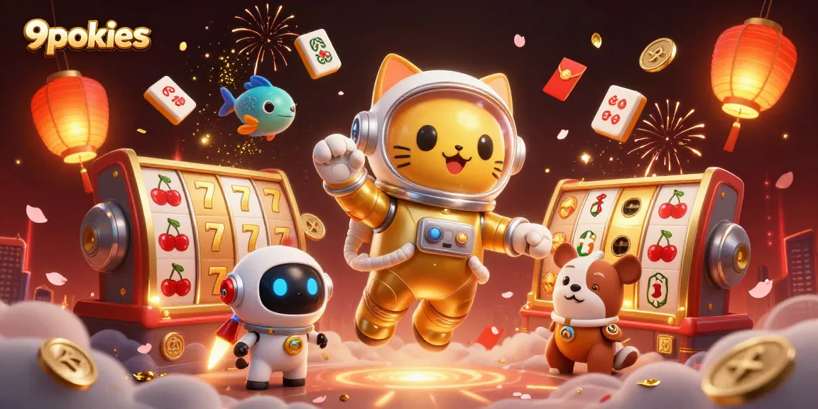 Experience the thrill of 9pokies with vibrant slot reels and floating symbols in a cosmic scene.