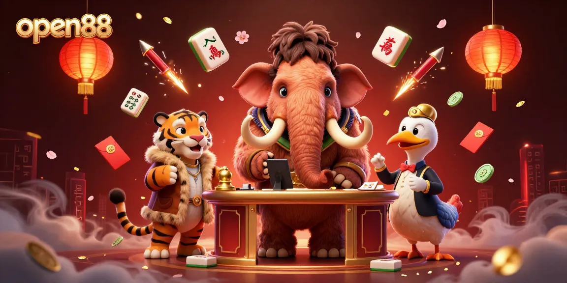Experience excitement at open88 with a woolly mammoth bouncer, saber-tooth VIP, and a dodo doorman in a bustling casino scene.