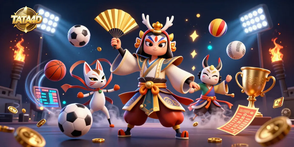 TATA4D brings excitement with an elaborate kabuki warrior, sports-themed elements, and dynamic motion in a vibrant casino scene.