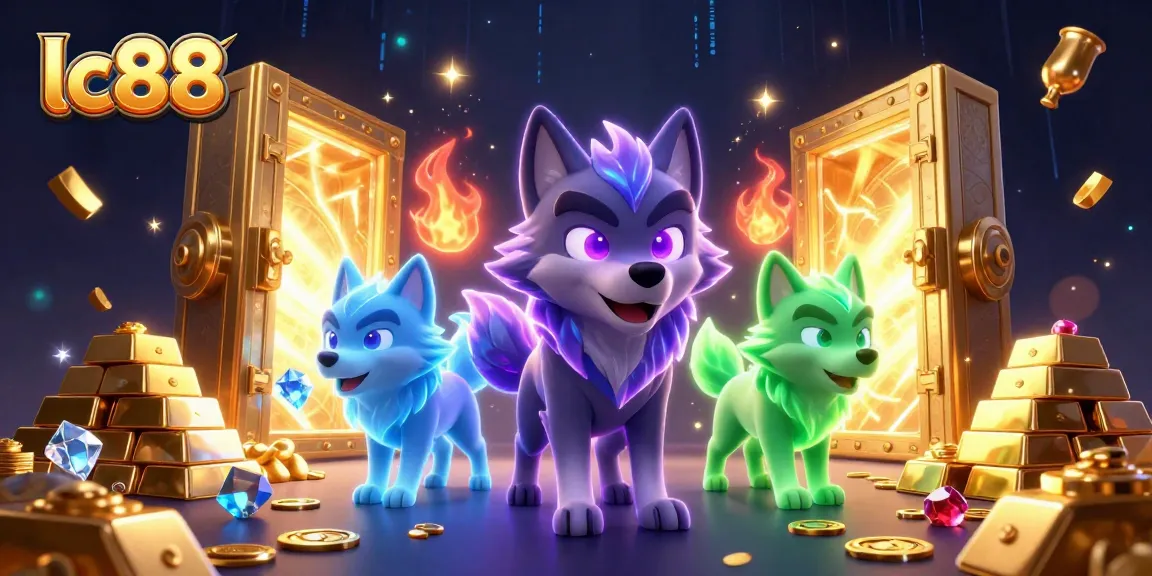 lc88 showcases intense gaming excitement with a pack of spectral wolves vying for gold treasures in a vibrant casino scene